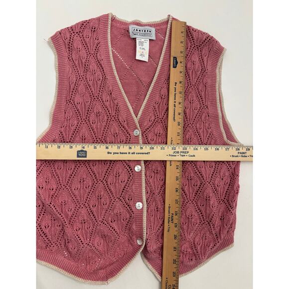 Vintage Jantzen Ramie Cotton Knit Sweater Vest L Pink Eyelet Lace Button Front - Picture 5 of 6